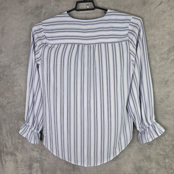 Womens Tahari Blue Striped Blouse Long Sleeve Button Down V-Neck Ruffle Cuff L - Picture 5 of 9